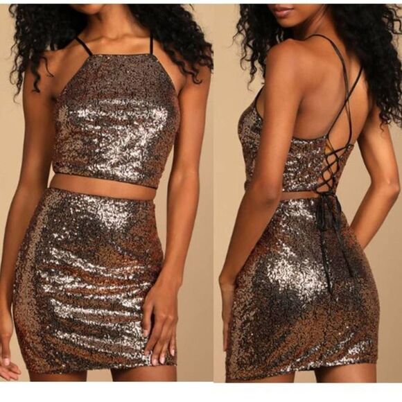 Lulus Women's Bronze Sequin Lace-Up Stretch Two-Piece Mini‎ Dress - Picture 3 of 6